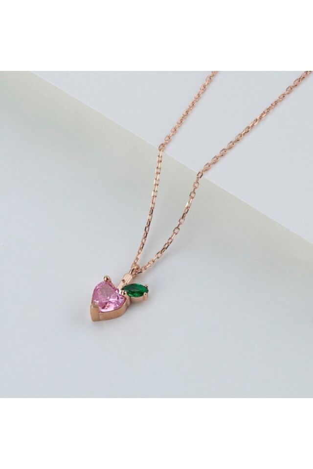 925 Ayar Pembe Elma Rose Gümüş Kolye Rose - Tek Ebat