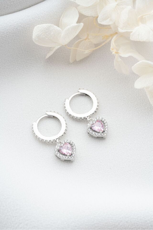 925 Ayar Gümüş Pembe Kalpli Küpe Silver - Tek Ebat