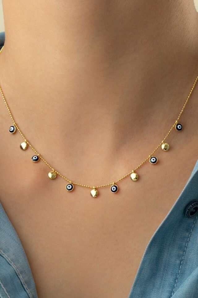 925 Ayar Gümüş Gold Nazarlı Şans Kolye Gold - Tek Ebat