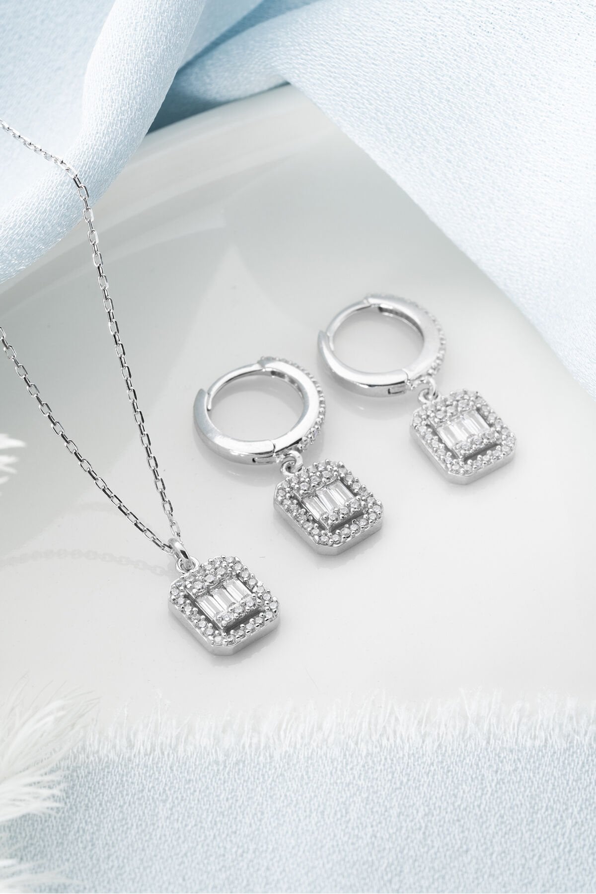 925 Ayar Gümüş Baget Kolye Küpe Set Silver - Tek Ebat