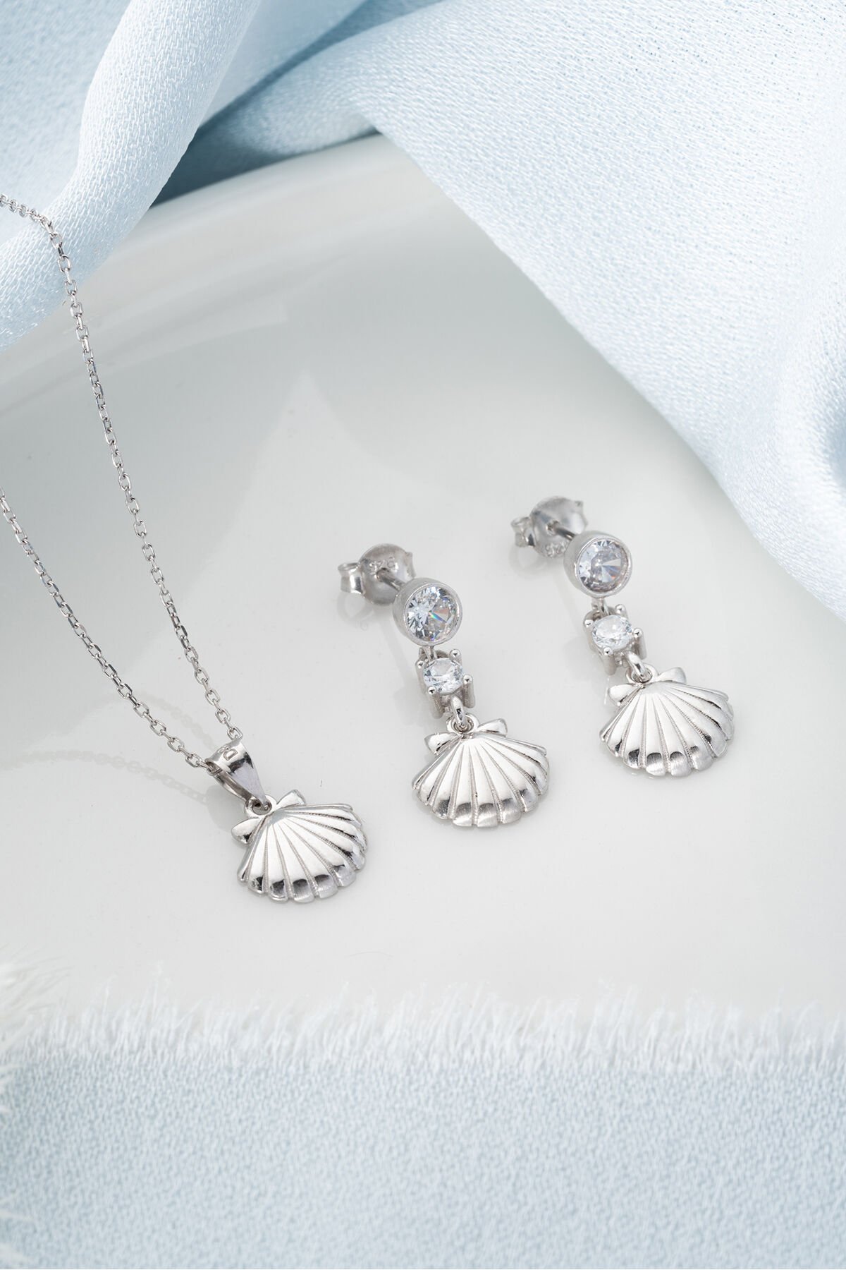 925 Ayar Gümüş İstiridye Kolye Küpe Set Silver - Tek Ebat