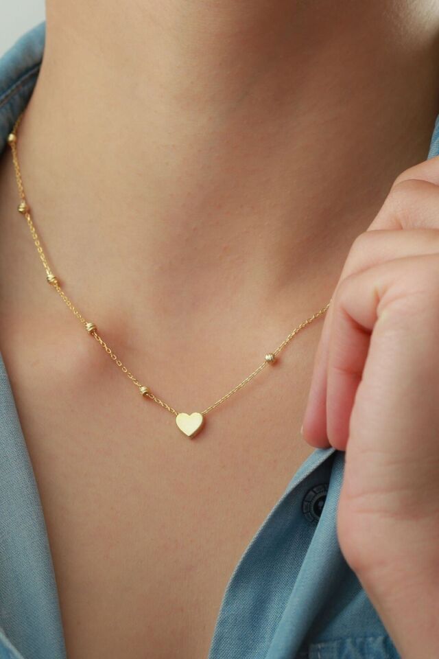 925 Ayar Gümüş Top Zincirli Kalp Kolye