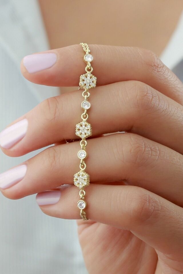 925 Ayar Kar Tanesi Gold Gümüş Bileklik Gold - Tek Ebat