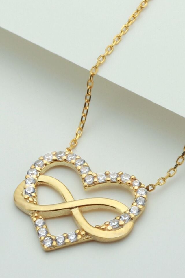 925 Ayar Zirkon Taşlı Sonsuzlu Kalp Kolye Gold - 42 cm