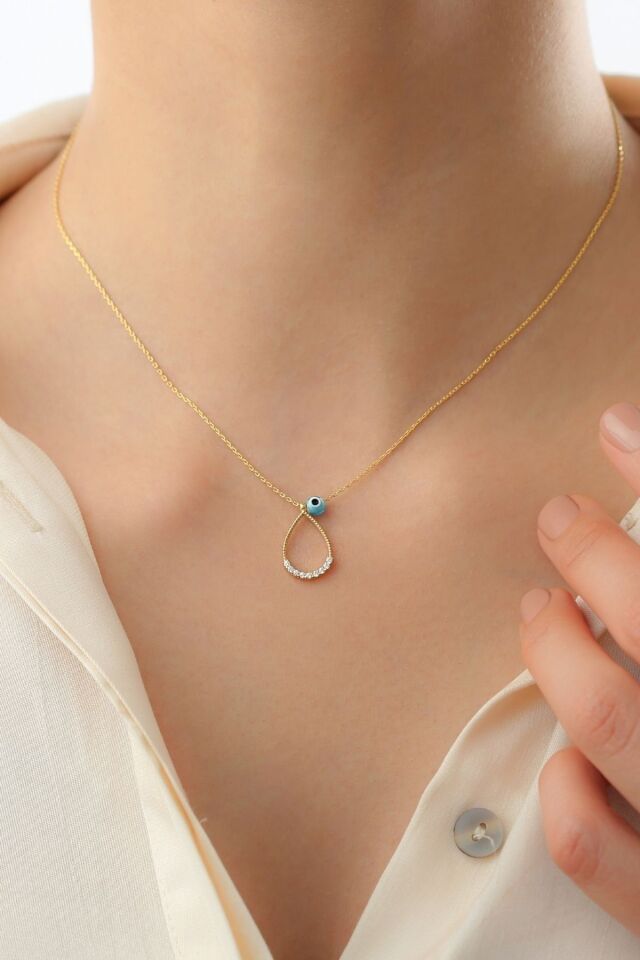 925 Ayar Nazar Boncuklu Damla Kolye Gold - 42 cm