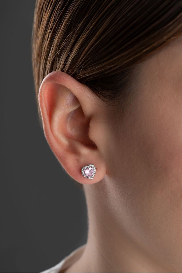 925 Ayar Gümüş Zirkon Taşlı Pembe Kalp Küpe Silver - Tek Ebat
