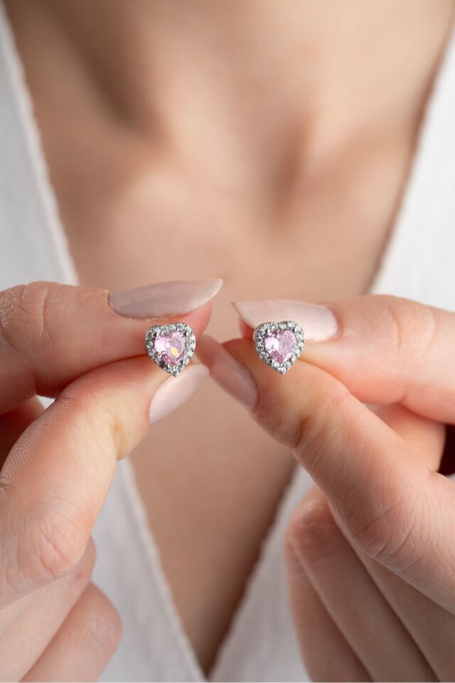 925 Ayar Gümüş Zirkon Taşlı Pembe Kalp Küpe Silver - Tek Ebat