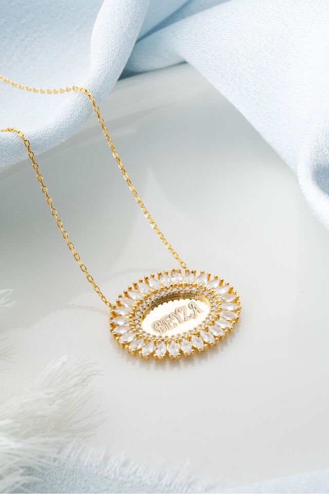 925 Ayar Gümüş Oval Baget İsimli Kolye Gold - Tek Ebat