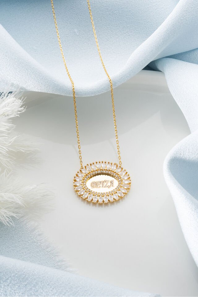 925 Ayar Gümüş Oval Baget İsimli Kolye Gold - Tek Ebat