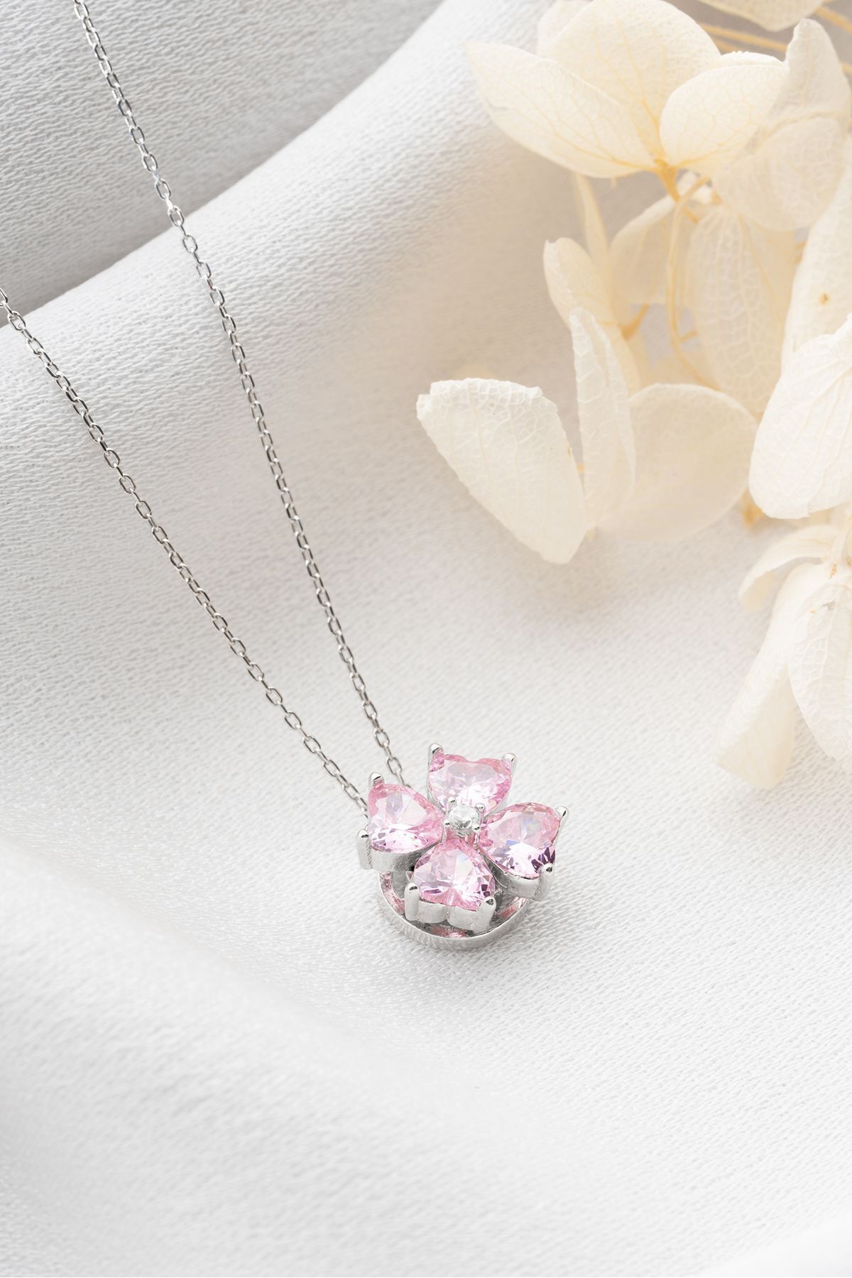 925 Ayar Gümüş Dönen Pembe Çiçek Kolye Silver - Tek Ebat