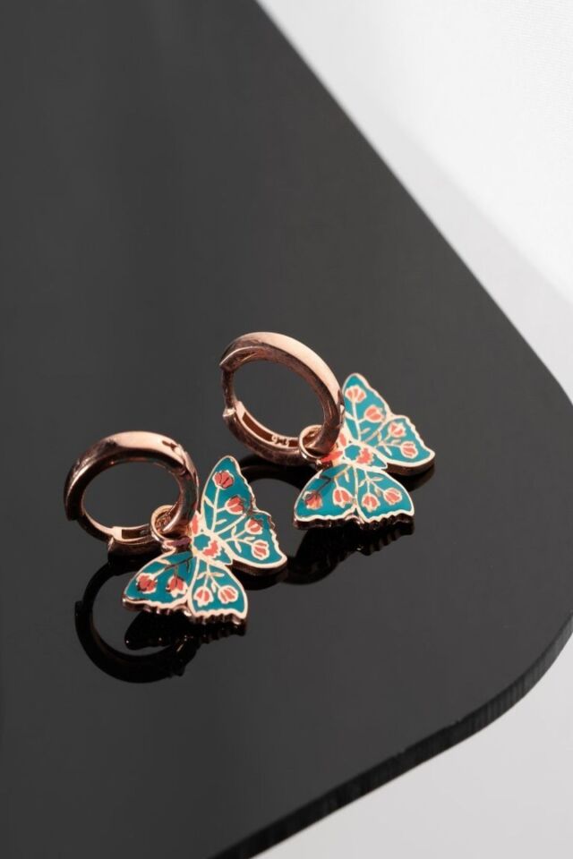 925 Ayar Rose Mineli Yeşil Kelebek Gümüş Küpe