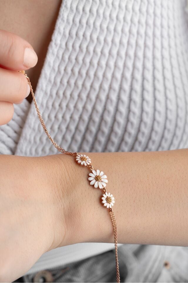 925 Ayar Üçlü Papatya Model Rose Gümüş Bileklik Rose - 19 cm