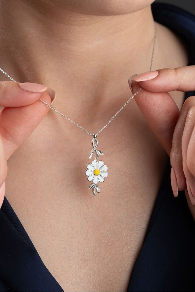 925 Ayar Gümüş Mineli Dönen Papatya Kolye Silver - Tek Ebat