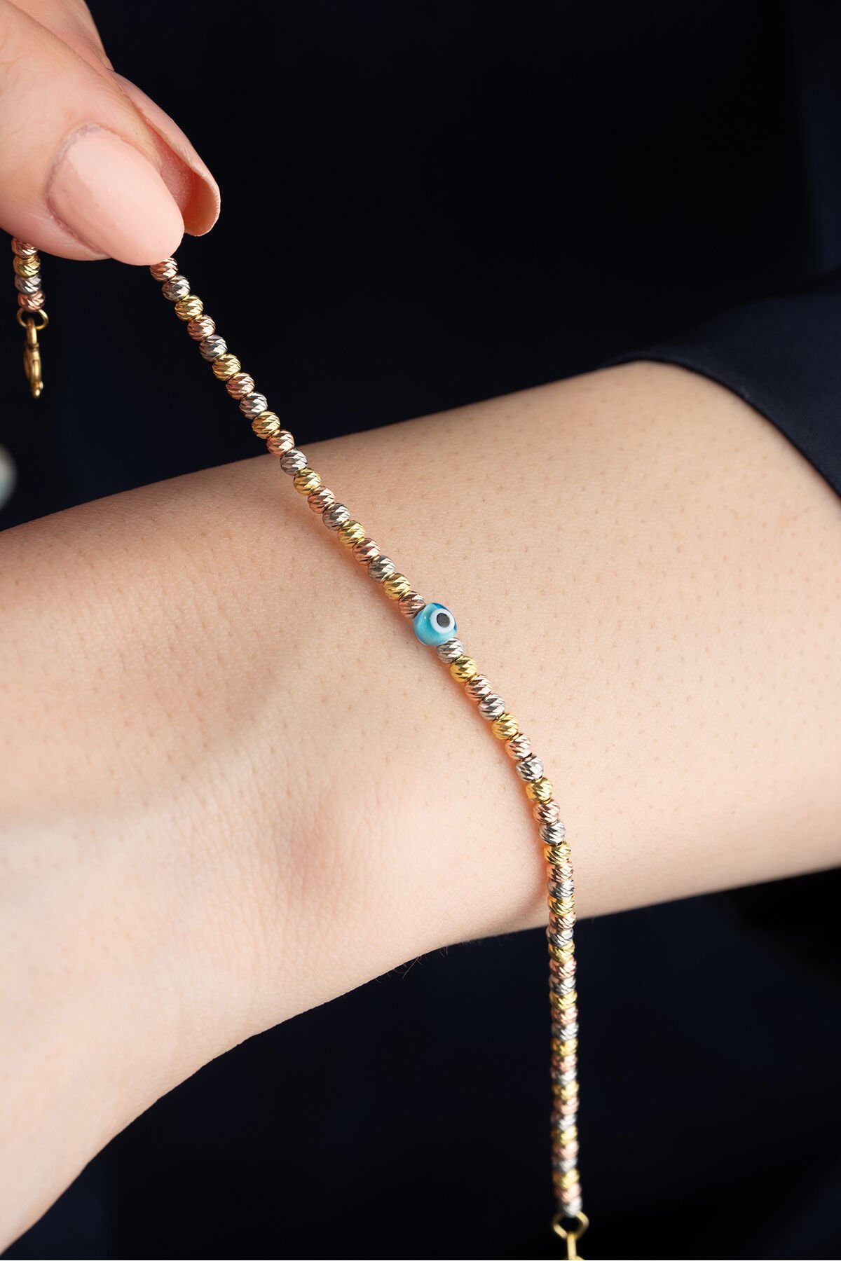 925 Ayar Gümüş Nazar Boncuklu Dorika Bileklik Rose Gold - Tek Ebat