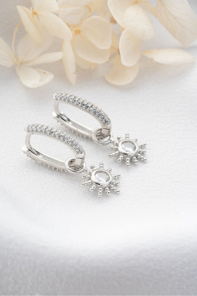 925 Ayar Gümüş Zirkon Taşlı Güneş Küpe Silver - Tek Ebat