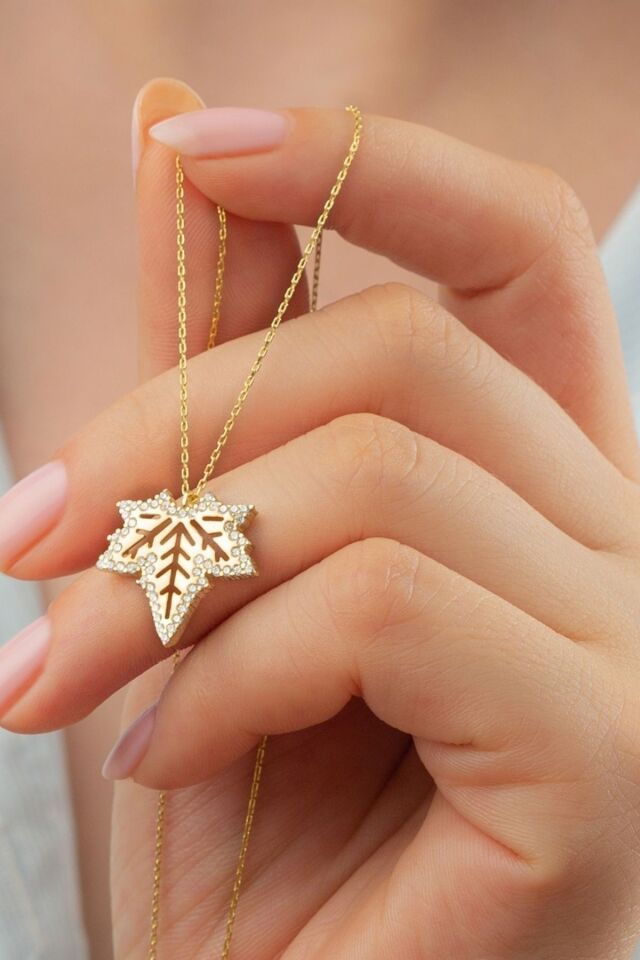 925 Ayar Gümüş Çınar Yaprağı Kolye Gold - Tek Ebat