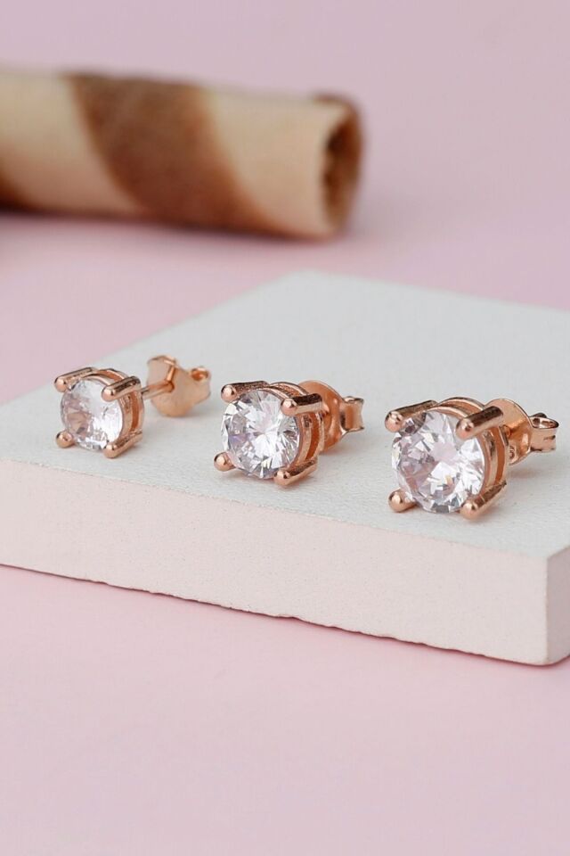 925 Ayar Gümüş Rose 3'lü Tektaş Set Küpe