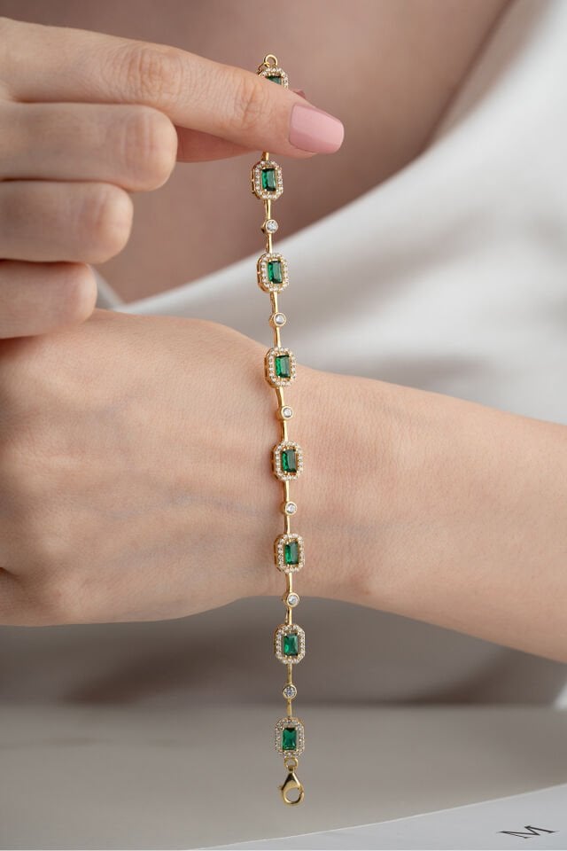 925 Ayar Gümüş Baget Zümrüt Model Bileklik