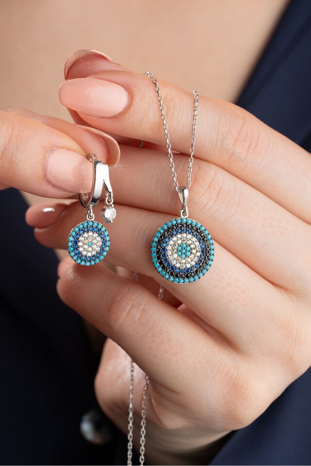 925 Ayar Gümüş Göz Nazar Kolye Küpe Seti Silver - Tek Ebat