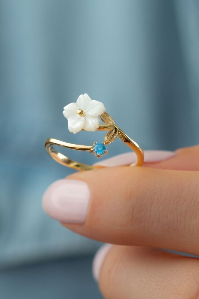 925 Ayar Gümüş Gold Tektaşlı Sedef Yüzük