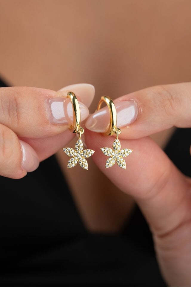 925 Ayar Gümüş Gold Kaplama Lotus Küpe