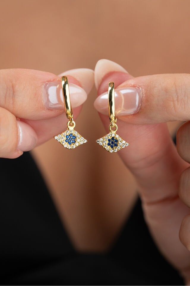 925 Ayar Gümüş Gold Kaplama Nazarlı Küpe