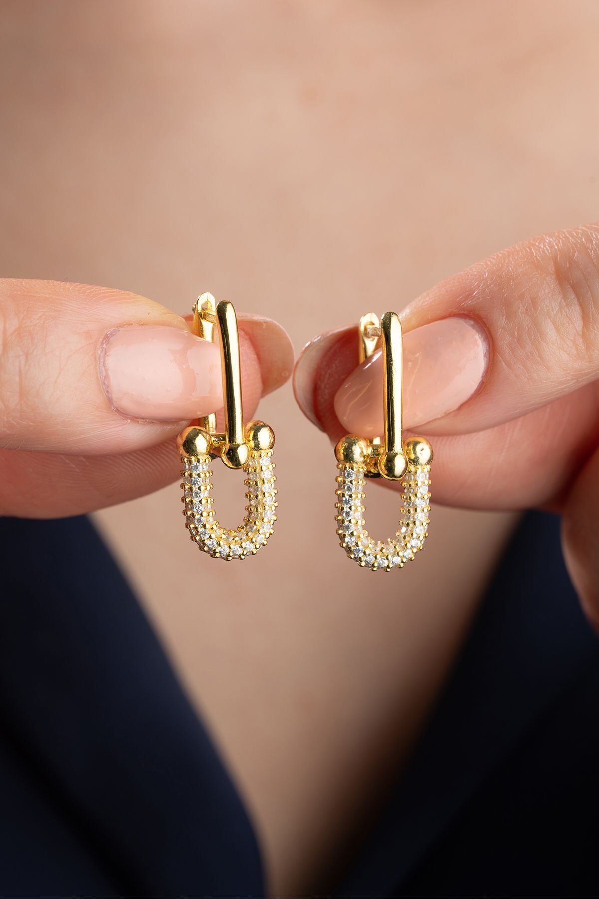 925 Ayar Gümüş Gold Zirkon Taşlı Trend Küpe Gold - Tek Ebat
