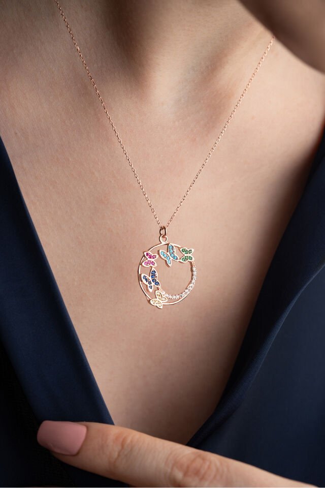 925 Ayar Gümüş Renkli Taşlı Kelebek Kolye