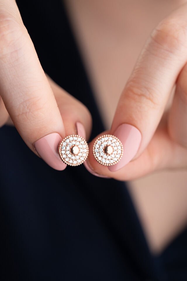 925 Ayar Rose Yuvarlak Model Küpe Gri - Tek Ebat