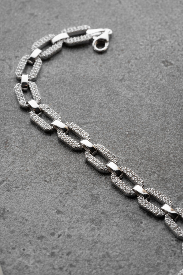925 Ayar Gümüş Trend Taşlı Zincir Bileklik Silver - Tek Ebat