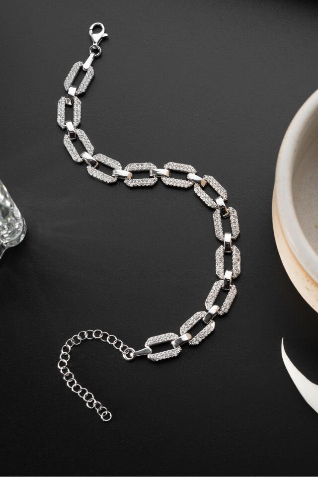 925 Ayar Gümüş Trend Taşlı Zincir Bileklik Silver - Tek Ebat
