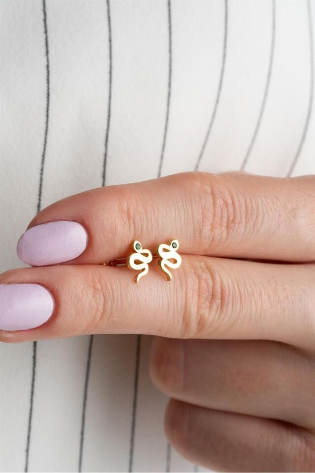 925 Ayar Gold Yılan Gümüş Küpe Gold