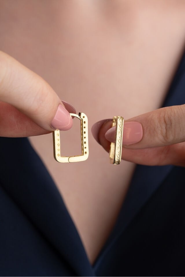 925 Ayar Gümüş Trend Gold Küpe Gri - Tek Ebat