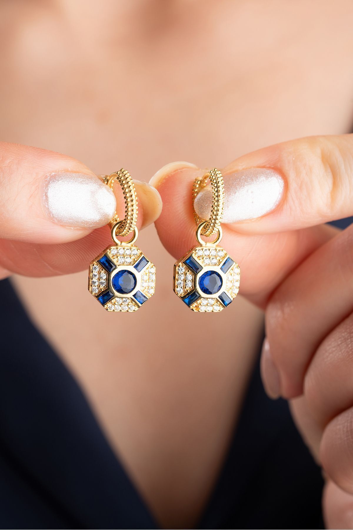 925 Ayar Gümüş Safir Taşlı Trend Küpe Gold - Tek Ebat