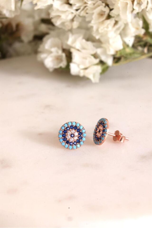 925 Ayar Gümüş Rose Zirkon Taşlı Nazar Küpe Rose