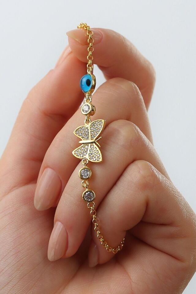 925 Ayar Gümüş Gold Nazar Boncuklu Kelebek Bileklik