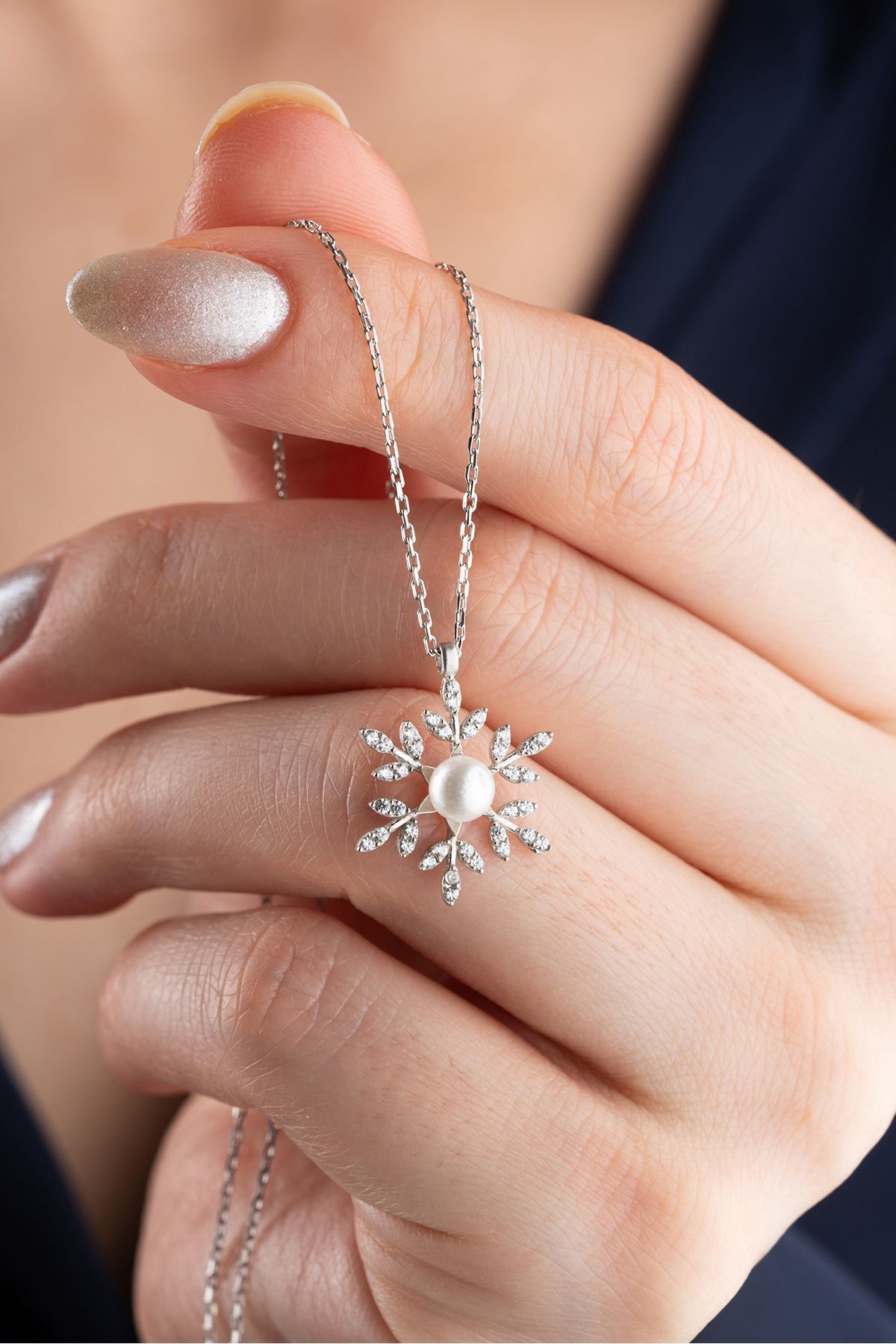 925 Ayar Gümüş İncili Kartanesi Kolye Silver - Tek Ebat