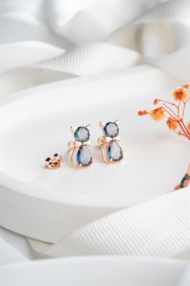 925 Ayar Rose Mistik Topaz Kedi Gümüş Küpe Rose