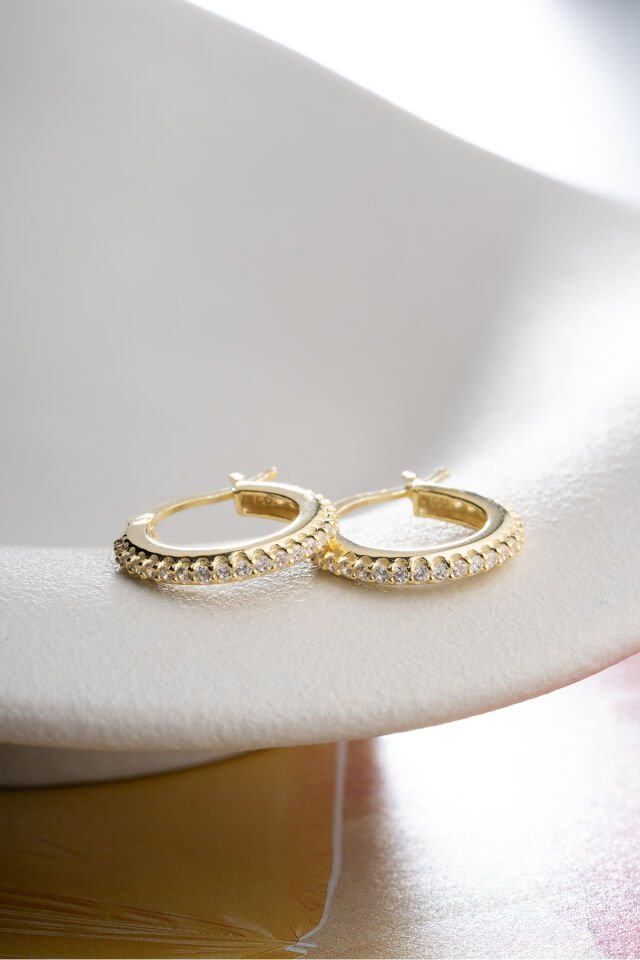 925 Ayar Gold Sıra Taşlı Halka Gümüş Küpe Gold