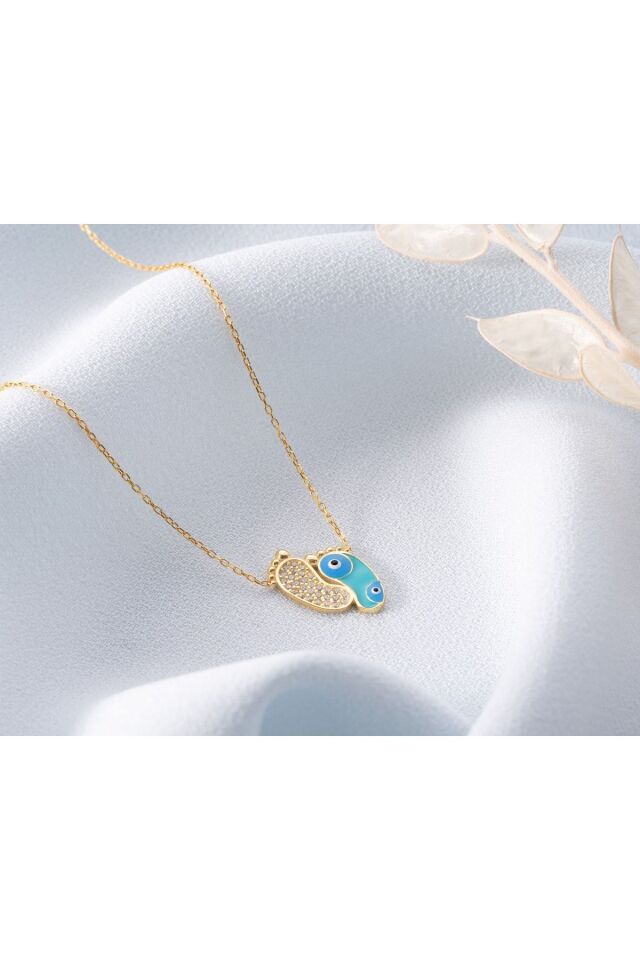 925 Ayar Gold Zirkon Taşli Nazarlı Ayak Gümüş Kolye