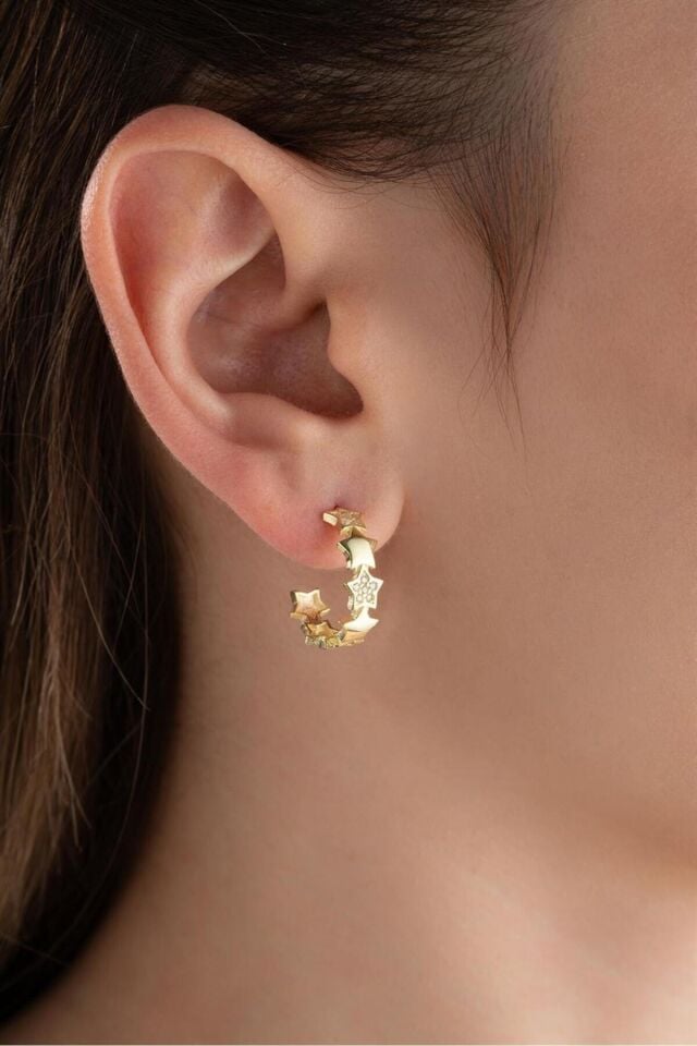 925 Ayar Gold Yıldızlı Halka Gümüş Küpe