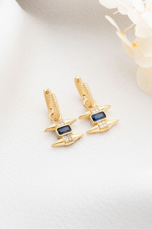 925 Ayar Gümüş Safir Taşlı Trend Küpe Gold - Tek Ebat