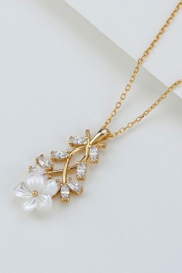 925 Ayar Gold Zirkon Taşlı Sedefli Gümüş Kolye