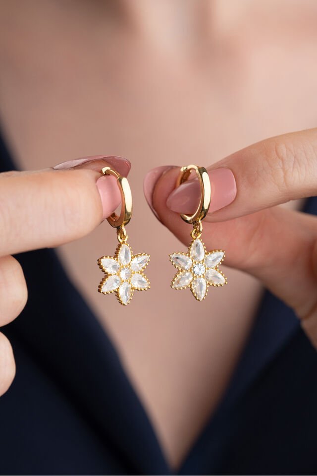 925 Ayar Gümüş Gold Lotus Küpe Gri - Tek Ebat