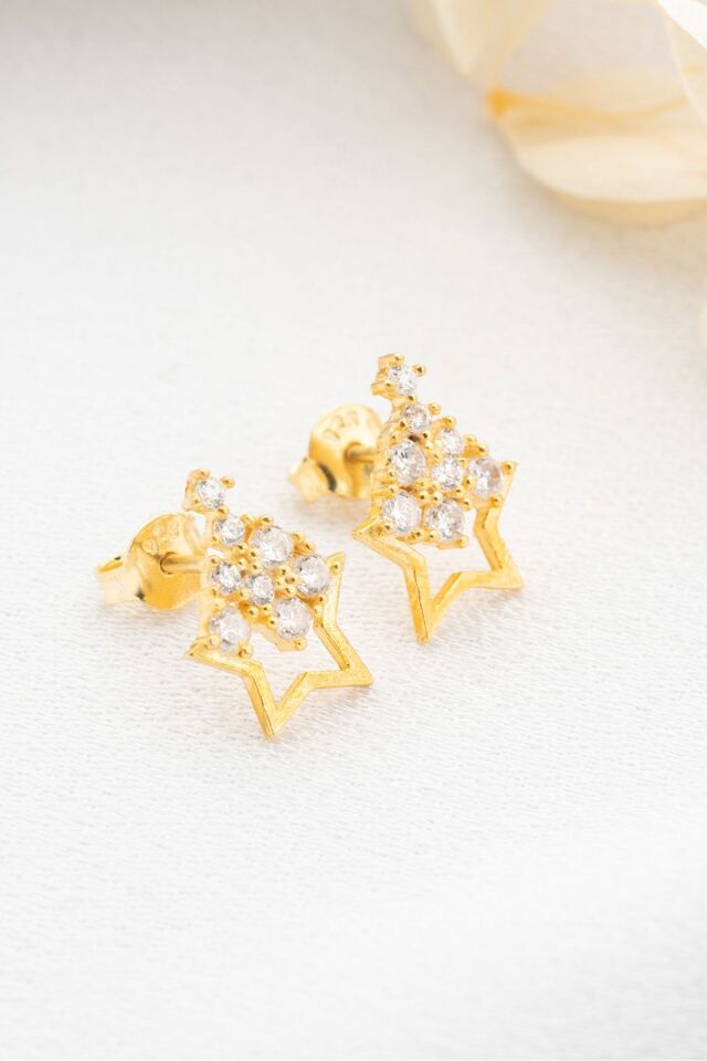 925 Ayar Gümüş Gold Zirkon Taşlı Yıldız Küpe Silver - Tek Ebat