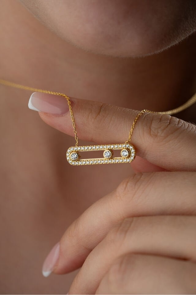 925 Ayar Gümüş Zirkon Taşlı Trend Kolye Gold - Tek Ebat