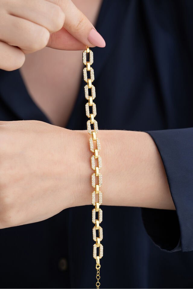 925 Ayar Gümüş Zirkon Taşlı Zincir Bileklik Gold - Tek Ebat