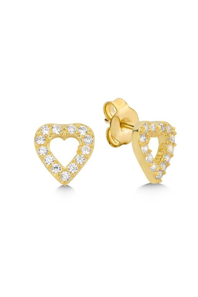 925 Ayar Gold Zirkon Taşlı Kalp Gümüş Küpe Gold