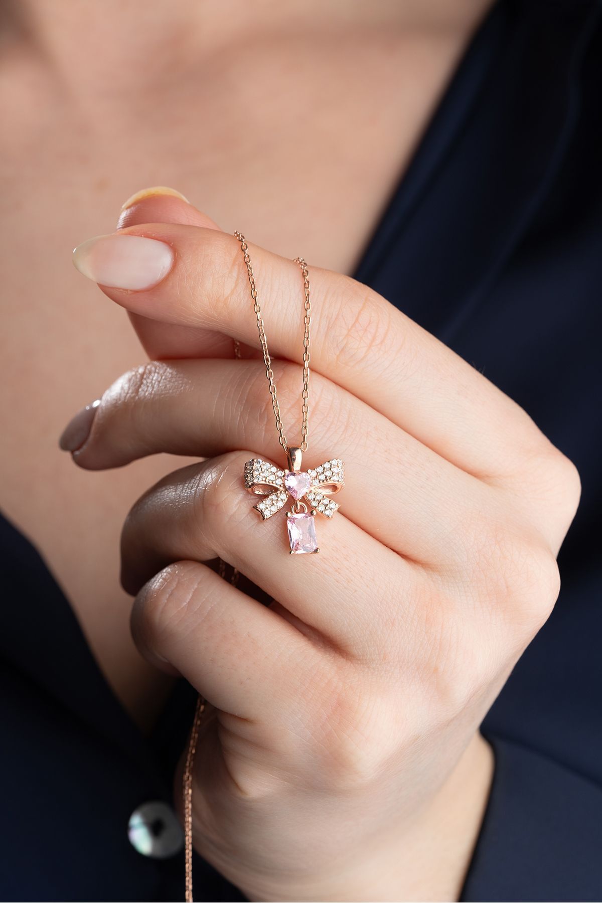 925 Ayar Gümüş Fiyonklu Kolye Rose - Tek Ebat