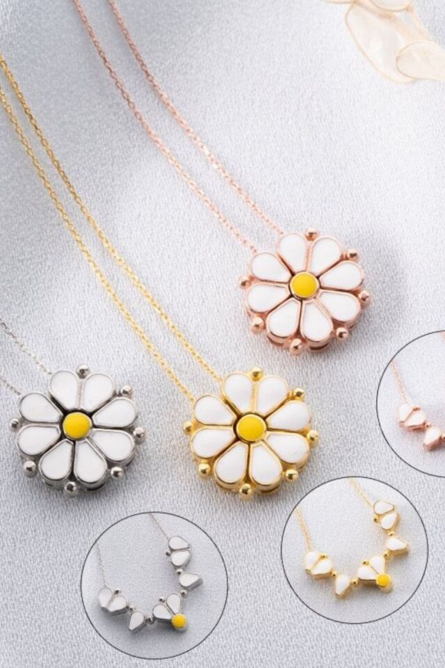 925 Ayar Rose Mineli Açılan Papatya Gümüş Kolye